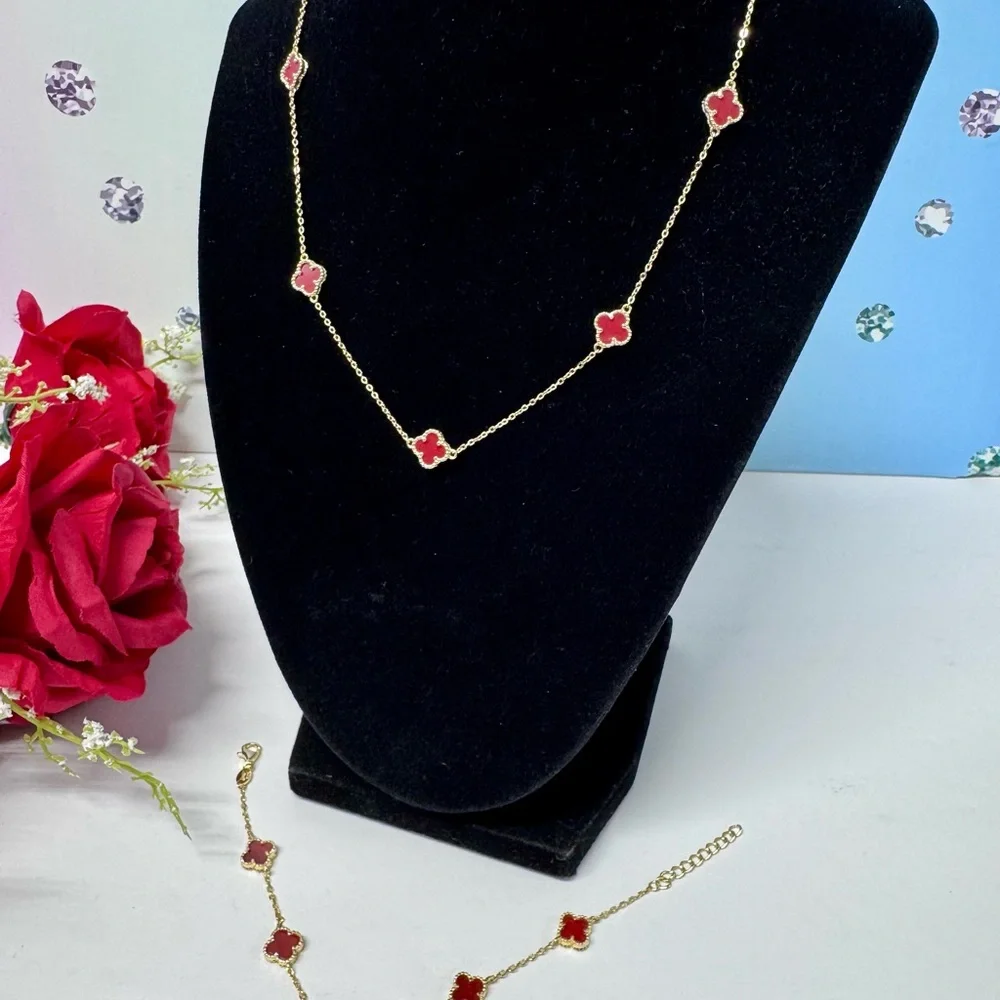 ❤️‍🔥14K/925S CUSTOM RED CARNELIAN CLOVER SET - Picture 5 of 12